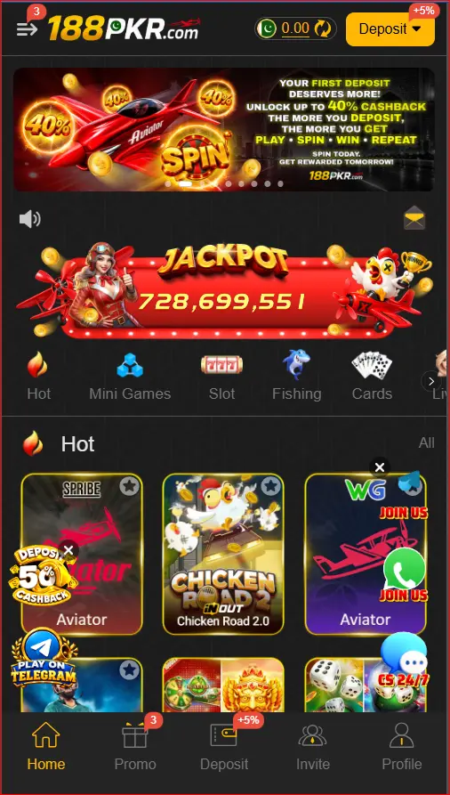 188 PKR Game home screen showing mobile navigation options