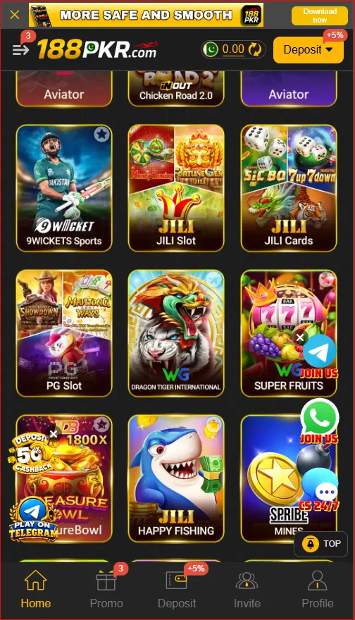 Available game categories displayed in the 188PKR Android app