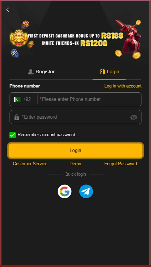 login page for registered Android users