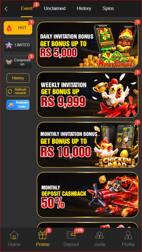 promotions and bonuses page showing available offers