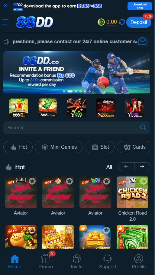 88DD home screen showing mobile dashboard and game options