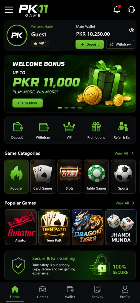 PK11 Game home screen showing mobile dashboard and main account sections