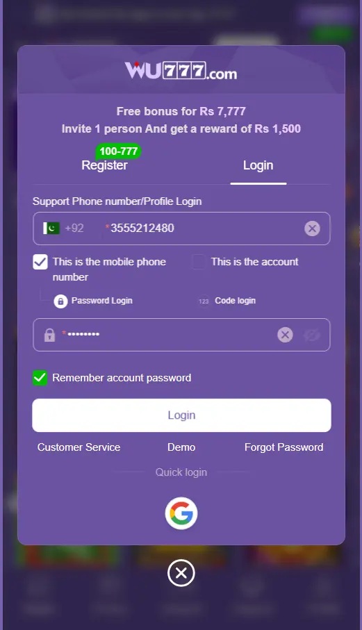 WU777 Game login screen for Android users in Pakistan