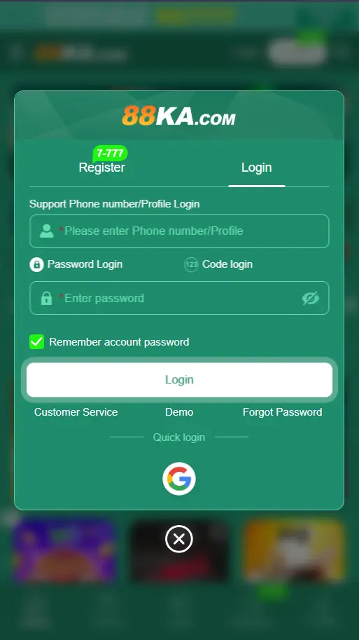 88KA account login screen