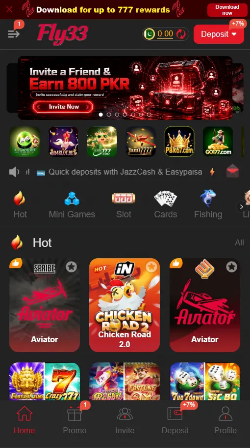 FLY33 mobile home screen with main navigation
