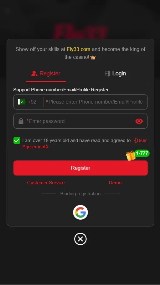 FLY33 new user sign up form on mobile