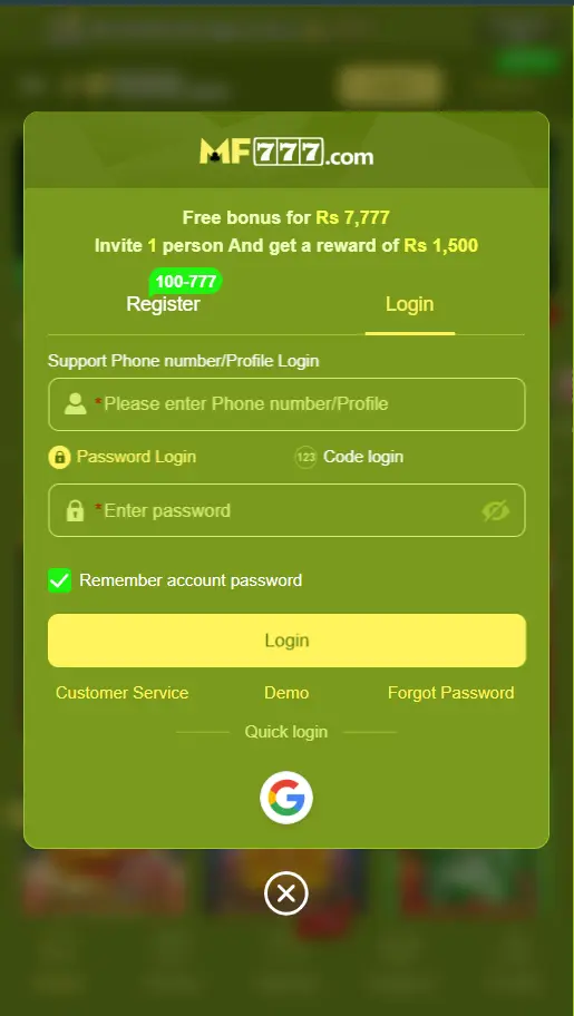 MF777 Game login page for Android users in Pakistan