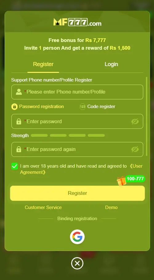 MF777 Game registration page for Android users in Pakistan