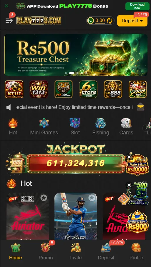 Play7778 Game home screen with gaming sections and account tools