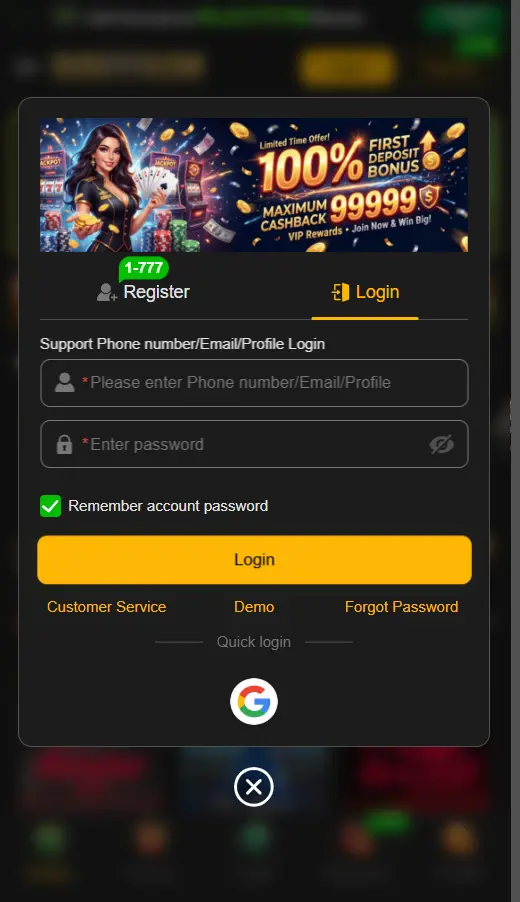 Play7778 Game login page with account access and password fields
