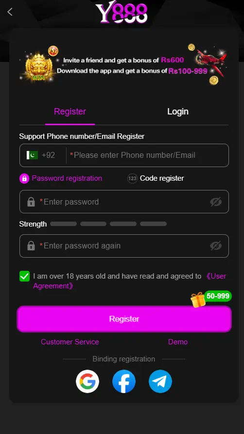 Y888 Game registration screen for creating a new Android account